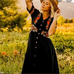 Roolee Ithica Embroidered Dress Black and Floral